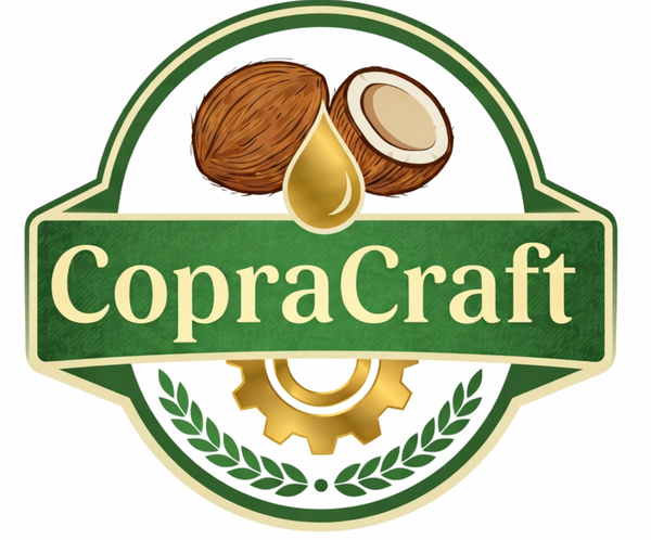 CopraCraft logo: two coconuts and a drop of oil above a gear and leaves